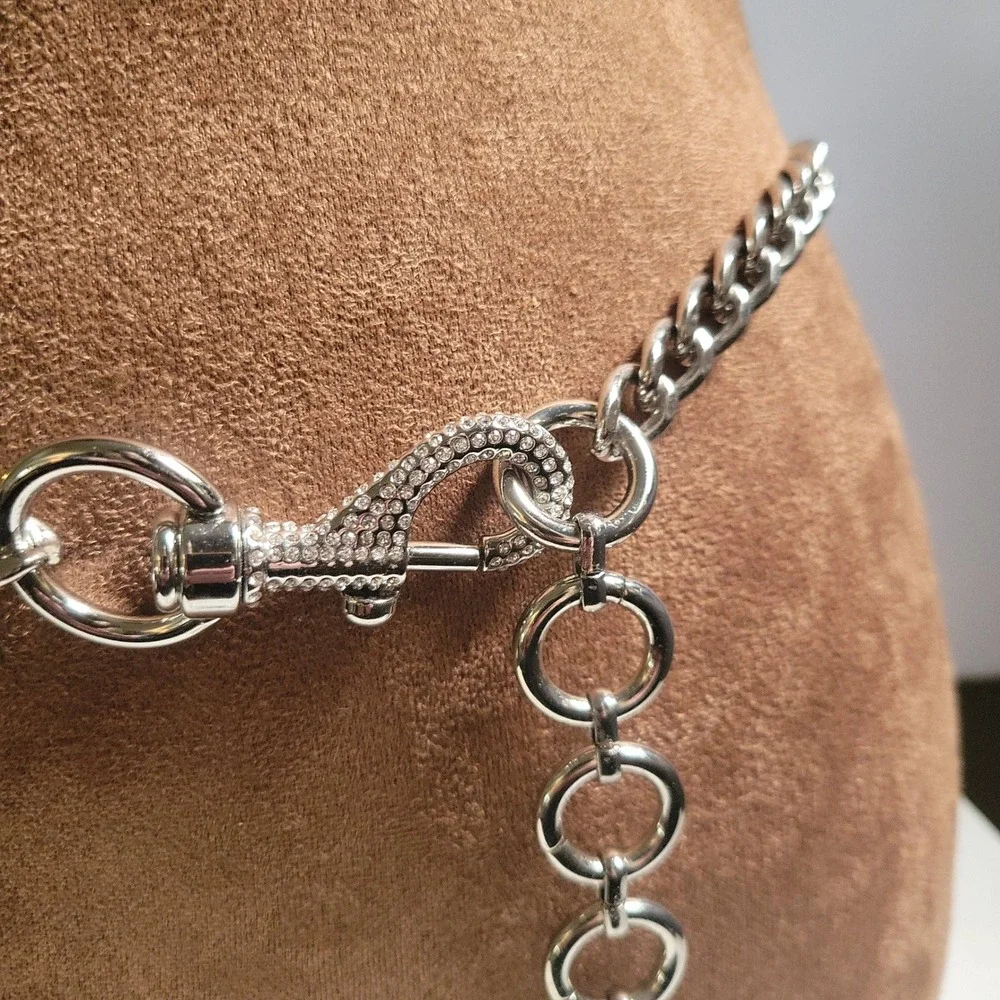 Silver Rhinestone Curb Chain Belt Circle Link Adjustable Size 38 Inch Y2K